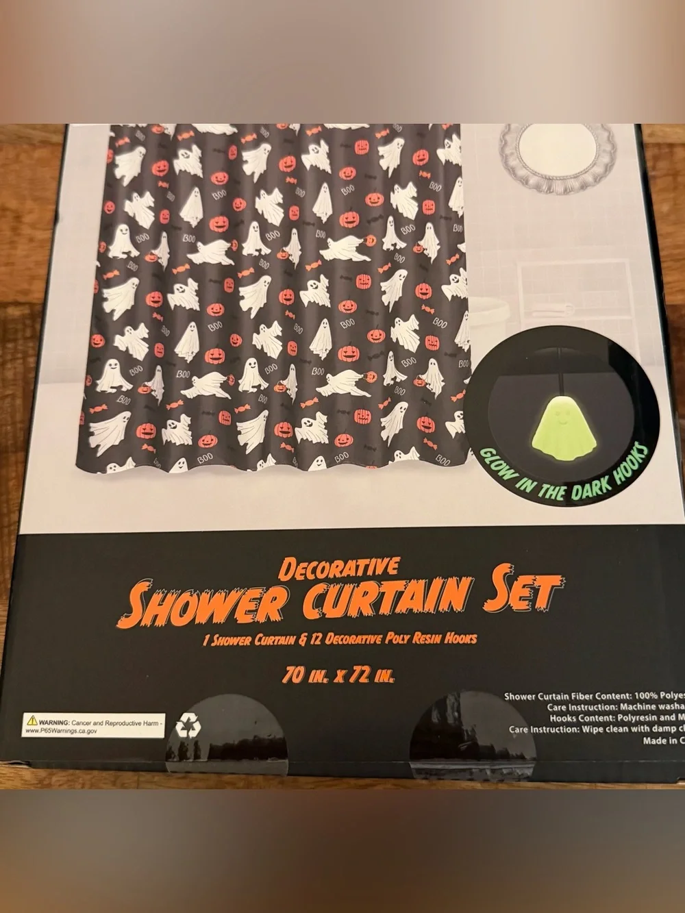 Glow-in-the-Dark Halloween Shower Curtain Set - Black & White with 12 Ghost Hook
